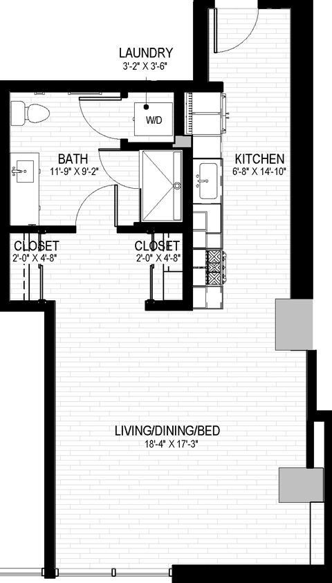 Floor plan for studio, 1 bath, 718 sqft